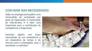 INTRODUCTIONTodos os empregos pressupõem uma
necessidade de contratação por
parte da organização. A necessidade
de mão-de-obra é o fator mais
importante para a contribuição de
competências a longo prazo.
Contratar alguém sem haver
necessidade da sua competência é
um desperdício de tempo e de
recursos para o empregador, para a
sociedade e o indivíduo.
COM BASE NAS NECESSIDADES
 