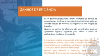 Se os técnicos/especialistas forem libertados de tarefas de
natureza mais genérica, a escassez de competências pode ser
aliviada através da mudança na organização em relação ao
trabalho.
Quando os ganhos de eficiência são identificados, pode-se
apresentar algumas sugestões para alterar o modo de
realização de tarefas na organização.
É importante realizar uma reunião, visto que estas mudanças
interferem na cultura, nos valores e hábitos de trabalho. É
importante que os funcionários participem e contribuam para
a realização de um processo de mudança.
Quando este trabalho é executado, deve ocorrer a
identificação de uma série de novas tarefas na organização.
GANHOS DE EFICIÊNCIA
 