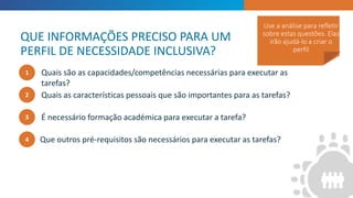 QUE INFORMAÇÕES PRECISO PARA UM
PERFIL DE NECESSIDADE INCLUSIVA?
1
2
3
4
Quais são as capacidades/competências necessárias para executar as
tarefas?
Quais as características pessoais que são importantes para as tarefas?
É necessário formação académica para executar a tarefa?
Que outros pré-requisitos são necessários para executar as tarefas?
Use a análise para refletir
sobre estas questões. Elas
irão ajudá-lo a criar o
perfil
 