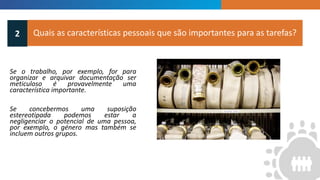 INTRODUCTION
Quais as características pessoais que são importantes para as tarefas?2
Se o trabalho, por exemplo, for para
organizar e arquivar documentação ser
meticuloso é provavelmente uma
característica importante.
Se concebermos uma suposição
estereotipada podemos estar a
negligenciar o potencial de uma pessoa,
por exemplo, o género mas também se
incluem outros grupos.
 