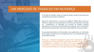 O mercado de trabalho mudou ao longo do tempo, aumentou da procura de
competência e/ou de grau académico.
Apesar de cada tarefa ter o seu grau de exigência. Muitas delas tornam-se
rotineiras e podem ser executadas por funcionários que detenham outro tipo
de competências. As alterações do mercado de trabalho também
significaram uma maior procura administrativa, enquanto ocorre a redução de
procedimentos operacionais, diminuindo a quantidade de recursos de apoio.
O que pode desencadear nos funcionários mais qualificados um sentimento
de frustração, sentindo que é um desperdício usar a sua competência técnica
para tarefas rotineiras.
Para que a entidade empregadora possa lidar, futuramente, com as
competências dos funcionários é necessário encontrar novas soluções
e reorganizar o trabalho de modo a que cada competência seja
encaixada na tarefa correta. Isso facilitará, simultaneamente, a entrada
no mercado de trabalho e a inserção dos grupos mais desfavorecidos.
UM MERCADO DE TRABALHO EM MUDANÇA
 