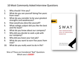 10 Most Commonly Asked Interview Questions 
1.Why should I hire you? 
2.What do you see yourself doing five years from now? 
3.What do you consider to be your greatest strengths and weaknesses? 
4.How would you describe yourself? 
5.What college subject did you like the best and the least? 
6.What do you know about our company? 
7.Why did you decide to seek a job with our company? 
8.Why did you leave your last job? 
9.What do you want to earn five years from now? 
10.What do you really want to do in life? 
Nine of These are Considered “Bad” Questions 
Which one is GOOD?  