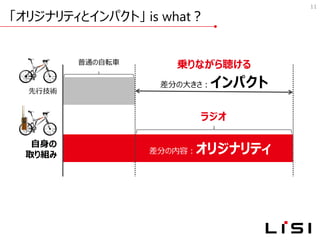 「オリジナリティとインパクト」 is what？
11
先行技術
自身の
取り組み
差分の大きさ：インパクト
差分の内容：オリジナリティ
普通の自転車 乗りながら聴ける
ラジオ
 