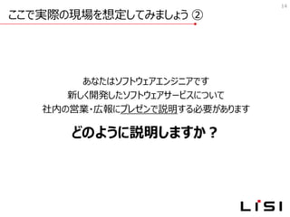 ここで実際の現場を想定してみましょう ②
14
あなたはソフトウェアエンジニアです
新しく開発したソフトウェアサービスについて
社内の営業・広報にプレゼンで説明する必要があります
どのように説明しますか？
 