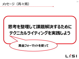 メッセージ（再々掲）
34
黄金フォーマットを使って
思考を整理して課題解決するために
テクニカルライティングを実践しよう
 