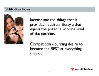 1/5 Motivations 
Income and the things that it 
provides - desire a lifestyle that 
equals the potential income level 
of the position. 
Competition - burning desire to 
become the BEST at everything 
they do. 
21 
 