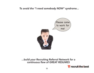 To avoid the “I need somebody NOW” syndrome... 
Please come 
to work for 
me! 
...build your Recruiting Referral Network for a 
continuous flow of GREAT RESUMES 
55 
 