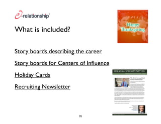 Story boards describing the career 
Story boards for Centers of Influence 
Holiday Cards 
Recruiting Newsletter 
70 
What is included? 
 