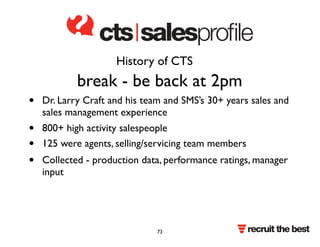 cts lsalesproÄle 
History of CTS 
break - be back at 2pm 
• Dr. Larry Craft and his team and SMS’s 30+ years sales and 
sales management experience 
• 800+ high activity salespeople 
• 125 were agents, selling/servicing team members 
• Collected - production data, performance ratings, manager 
input 
recruit the best 73 
 
