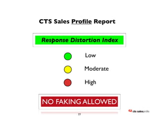 CTS Sales Profile Report 
Response Distortion Index 
Low 
Moderate 
High 
NO FAKING ALLOWED 
77 
 
