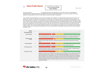 Sales Profile Report 2/17/14 1:29 PM 
! Sales Profile Report 
Low Producing Selling 
for karen mcclellan Sep, 14 2013 
Team Member 
The first page of this Sales Profile Report contains validated information and compatibility scores for high-activity sales. This following 
information IS NOT validated information and should not be used for making hiring decisions. It can be used to suggest and structure 
additional interview questions that check a rep's ability to do certain sales tasks or competencies. 
The nine Primary Traits blend together to form someone's personality. Sales managers or recruiting personnel realize that each trait alone, or in 
combination, may affect the performance of necessary sales competencies. That's why we include them with detailed coaching strategies in the 
Sales Coaching Report. For example, if Finding Prospects requires networking, a candidate with low Assertiveness and low Recognition Drive may 
find it stressful to build relationships each month for the purpose of finding prospects. Also, while Deadline Motivation helps a rep Maintain High- 
Activity, high Compassion and high Analytical scores slow down activity levels while low scores for these Primary Traits speed them up. Because 
these Sales Competencies are the result of averaging three or more traits, they tend to be less reliable than the Primary Traits when predicting 
behavior. However, they do provide valuable coaching information for a sales manager and they suggest areas for investigation when interviewing 
candidates. (Please refer to the coaching recommendations in the Sales Coaching Report for additional insight relating to the interaction between 
the Primary Traits.) 
0 | | | | 50 | | | | 100 
© 2014 SalesManage Solutions. 
Sales 
Competencies SCORES 
Finds Prospects 32 
Gets out of the office or store and looks for prospects among people in the community. Examples include 
- joins networking groups, participates in community service organizations, and attends civic events. 
Maintains High- 
Activity 37 
Has the drive and energy necessary to maintain the number of sales activities required for short sales 
cycles. 
Handles Rejection 30 
Bounces back from rejection with an optimistic outlook and continues high activity levels. 
Sets Appointments 30 
Contacts prospects by phone to schedule a first appointment. (same traits needed as Handles Rejection 
since a sales rep faces a large amount of rejection in a short period of time.) 
Sells Face-to-Face 52 
Performs sales process: asks questions about needs, wants, and problems; listens; presents solutions with 
enthusiasm; overcomes fears, concerns, or answers questions with confidence; asks for a decision, and 
takes immediate action to complete the sale; asks for referrals (other people or businesses); and provides 
service and follow-up for the purpose of maintaining a book of business for additional sales and referrals. 
(While this measures tendencies in the personality, the parts of the sales process requiring training or 
coaching will depend upon the individual makeup of the nine Primary Traits and the person?s previous 
experience/training.) 
84 
 