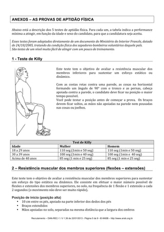 Recrutamento – DAN-REC-1 / V 1.39 de 22/01/2013 - Página 5 de 9 - © ANSB!– http://www.ansb.org.br!
ANEXOS – AS PROVAS DE APTIDÃO FÍSICA
Abaixo!está!a!descrição!dos!5!testes!de!aptidão!física.!Para!cada!um,!a!tabela!indica!a!performance!
mínima!a!atingir,!em!função!da!idade!e!sexo!do!candidato,!para!que!a!candidatura!seja!aceita.!
!
Esses'testes'foram'adaptados'diretamente'de'um'documento'do'Ministério'do'Interior'Francês,'datado'
de'24/10/2005,'tratando'da'condição'física'dos'sapadoresMbombeiros'voluntários'daquele'país.'
São'testes'de'um'nível'muito'fácil'de'atingir'com'um'pouco'de'treinamento.'
!
1 - Teste de Killy
!
!
Este! teste! tem! o! objetivo! de! avaliar! a! resistência! muscular! dos!
membros! inferiores! para! sustentar! um! esforço! estático! ou!
dinâmico.!
!
Com! as! costas! retas! contra! uma! parede,! as! coxas! na! horizontal!
formando! um! ângulo! de! 90°! com! o! tronco! e! as! pernas,! cabeça!
apoiada!contra!a!parede,!o!candidato!deve!ficar!na!posição!o!maior!
tempo!possível.!
Você! pode! testar! a! posição! antes! de! começar! a! prova.! ! Os! braços!
devem!ficar!soltos,!as!mãos!não!apoiadas!na!parede!nem!pousadas!
nas!coxas!ou!joelhos.!
!
Test*de*Killy*
Idade* Mulher* Homem*
18!a!29!anos! 110!seg!(1min!e!50!seg)! 110!seg!(1min!e!50!seg)!
30!a!39!anos! 100!seg!(1min!e!40!seg)! 100!seg!(1min!e!!40!seg)!
Acima!de!40!anos! 85!seg!(1!min!e!25!seg)! 85!seg!(1!min!e!25!seg)!
!
2 – Resistência muscular dos membros superiores (flexões – extensões)
!
Este!teste!tem!o!objetivo!de!avaliar!a!resistência!muscular!dos!membros!superiores!para!sustentar!
um! esforço! do! tipo! estático! ou! dinâmico.! Ele! consiste! em! efetuar! o! maior! número! possível! de!
flexões!e!extensões!dos!membros!superiores,!no!solo,!na!frequência!de!1!flexão!e!1!extensão!a!cada!
2!segundos!(o!movimento!não!deve!ser!muito!rápido).!
!
Posição de início (posição alta)
• 10!cm!entre!os!pés,!apoiado!na!parte!inferior!dos!dedos!dos!pés!
• Braços!estendidos!
• Mãos!apoiadas!no!solo,!separadas!na!mesma!distância!que!a!largura!dos!ombros!
 
