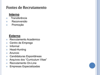 Fontes de Recrutamento
    Interno
    Transferência
    Reconversão
    Promoção



    Externo
   Recrutamento Académico
   Centro de Emprego
   Informal
   Head-Hunting
   Anuncio
   Candidaturas Espontâneas
   Arquivos dos “Curriculum Vitae”
   Recrutamento On-Line
   Empresas Especializadas
 