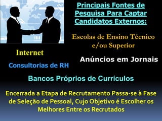 Principais Fontes de 
Pesquisa Para Captar 
Candidatos Externos: 
Escolas de Ensino Técnico 
e/ou Superior 
Internet 
Consultorias de RH 
Anúncios em Jornais 
Bancos Próprios de Currículos 
Encerrada a Etapa de Recrutamento Passa-se à Fase 
de Seleção de Pessoal, Cujo Objetivo é Escolher os 
Melhores Entre os Recrutados 
 