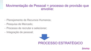 PROCESSO ESTRATÉGICO
Movimentação de Pessoal = processo de provisão que
envolve:
- Planejamento de Recursos Humanos;
- Pesquisa de Mercado;
- Processo de recrutar e selecionar;
- Integração de pessoal;
 
