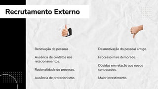 Renovação de pessoas
Ausência de conflitos nos
relacionamentos.
Racionalidade do processo.
Ausência de protecionismo.
Desmotivação do pessoal antigo.
Processo mais demorado.
Dúvidas em relação aos novos
contratados.
Maior investimento.
Recrutamento Externo
Recrutamento Externo
 