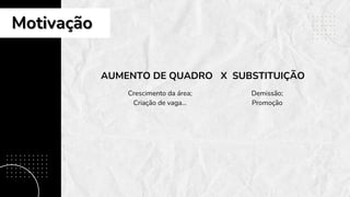 Motivação
Motivação
AUMENTO DE QUADRO X SUBSTITUIÇÃO
Crescimento da área;
Criação de vaga...
Demissão;
Promoção
 