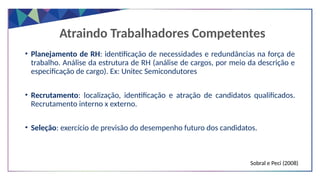 Atraindo Trabalhadores Competentes
• Planejamento de RH: identificação de necessidades e redundâncias na força de
trabalho. Análise da estrutura de RH (análise de cargos, por meio da descrição e
especificação de cargo). Ex: Unitec Semicondutores
• Recrutamento: localização, identificação e atração de candidatos qualificados.
Recrutamento interno x externo.
• Seleção: exercício de previsão do desempenho futuro dos candidatos.
Sobral e Peci (2008)
 