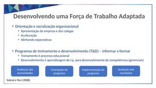Desenvolvendo uma Força de Trabalho Adaptada
• Orientação e socialização organizacional
• Apresentação da empresa e dos colegas
• Aculturação
• Alinhando expectativas
• Programas de treinamento e desenvolvimento (T&D) – informar x formar
• Treinamento é processo educacional
• Desenvolvimento é aprendizagem de l.p. para desenvolvimento de competências (gerenciais)
Sobral e Peci (2008)
Avaliação das
necessidades
Concepção do
programa
Implementação do
programa
Avaliação dos
resultados
 