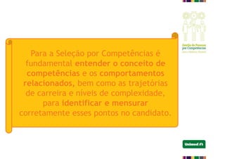 Para a Seleção por Competências é
fundamental entender o conceito de
competências e os comportamentos
relacionados, bem como as trajetórias
de carreira e níveis de complexidade,
para identificar e mensurar
corretamente esses pontos no candidato.
 