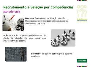 Recrutamento e Seleção por Competências
Metodologia
Contexto: é composto por situação + tarefa.
O entrevistado deve colocar a situação na qual
aconteceu a sua ação.
Ação: é a ação da pessoa propriamente dita
diante da situação. Ela pode narrar uma
atuação ativa ou passiva.
Resultado: é o que foi obtido após a ação do
candidato
 
