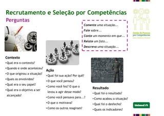 Recrutamento e Seleção por Competências
Perguntas
Contexto
•Qual era o contexto?
•Quando e onde aconteceu?
•O que originou a situação?
•Quais os envolvidos?
•Qual era o seu papel?
•Qual era o objetivo a ser
alcançado?
Ação
• Qual foi sua ação? Por quê?
• O que você pensou?
• Como você fez? O que o
levou a agir desse modo?
• Como você pensava para...?
• O que o motivava?
• Como os outros reagiram?
Resultado
• Qual foi o resultado?
• Como acabou a situação?
• Qual foi o desfecho?
• Quais os indicadores?
Comente uma situação...
Fale sobre...
Conte um momento em que...
Relate um fato...
Descreva uma situação...
 