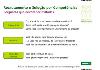 Recrutamento e Seleção por Competências
Perguntas que devem ser evitadas
Hipotéticas
Fechadas
sim/não
Indutivas
O que você faria se tivesse um chefe autoritário?
Como você agiria se estivesse nesta situação?
Como você se comportaria em um momento de pressão?
Você não gostou nada daquela situação, né?
...e você não se importou de fazer aquele trabalho?
Você não se importaria de trabalhar no turno da noite?
Você conhece fluxo de caixa?
Você já passou por uma situação de pressão?
Fonte: A arte de selecionar talentos, 2005, Claudia Serrano e Benedito Rodrigues Pontes
 