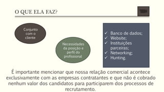 O QUE ELA FAZ?
Conjunto
com o
cliente
Necessidades
da posição e
perfil do
profissional
 Banco de dados;
 Website;
 Instituições
parceiras;
 Networking;
 Hunting.
É importante mencionar que nossa relação comercial acontece
exclusivamente com as empresas contratantes e que não é cobrado
nenhum valor dos candidatos para participarem dos processos de
recrutamento.
 
