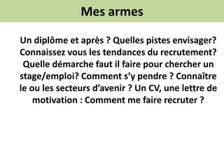 Mes armes
Un diplôme et après ? Quelles pistes envisager?
Connaissez vous les tendances du recrutement?
Quelle démarche faut il faire pour chercher un
stage/emploi? Comment s’y pendre ? Connaître
le ou les secteurs d’avenir ? Un CV, une lettre de
motivation : Comment me faire recruter ?
 