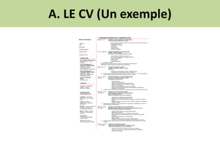 A. LE CV (Un exemple)
Noms & Prénoms
Né(e) le
(Age)
Nationalité :
Adresse physique
Adresse Email
Portable ou fixe
FORMATIONS
Cork English World, Ireland
décembre 2011 : Cours
d’anglais
Ecole Supérieure de
Commerce IDRAC PARIS
2009/2010 : Master 2
Communication et
Développement Commercial
Ecole Supérieure de
Commerce IDRAC PARIS
2005/2009 : Master 1
Marketing et Gestion des
Entreprises obtenu
Lycée F. Roosevelt
Reims
2005: BAC ES
LANGUES
Français : L.maternelle
Anglais : Courant
Allemand : Notions
INFORMATIONS
ADDITIONNELLES
Logiciels : Pack office,
Photoshop, Lotus, Adobe
Muse
Loisirs : Cinéma
indépendant, Littérature
américaine
Musique : 10 ans de piano et
formation musicale au
Conservatoire de Reims
Sports : Natation, danses
moderne, Judo (ceinture
marron)
Humanitaire :
- Missions humanitaires :
Tunisie, Maroc
- Bénévole au sein du
Secours Populaire Français
CHARGÉE DE MARKETING / COMMUNICATION
Depuis Avril 13 Chargée de communication et fundraising
France Volontaires (Brazzaville, Congo)
- Mise en place de stratégie / plan de communication pour France Volontaires et
les associations locales
- Actualisation du site web
- Fundraising
- Événementiel
- Relations presse
- Community manager
Nov 12 – Mars 13 Chargée de diffusion et de production
Bronca – Collectif d’artistes
(La Fileuse, Friche artistique de Reims, France)
- Communication et diffusion des artistes
- Suivi et accompagnement des projets artistiques
- Recherche de mécénat
- Relation presse
- Événementiel
- Community manager
 Principales missions:
Organisation des portes ouvertes de la Fileuse, rassemblant 1200 personnes
Construction et mise en ligne du site internet sous Adobe Muse
Depuis Oct 12 Chargée de relations presse
Velours - Association (Reims, France)
Bénévole
- Rédaction de communiqué de presse / Relations presse
- Organisation d’événements musicaux et artistiques
 Principale mission: Organisation d’un événement musical « Can I kick it ? » ayant rassemblé
plus de 1 000 personnes à la Cartonnerie, salle de concert de Reims
Jan 12 - Juin 12 Assistante Manager, Chargée de Marketing
(6 mois) Corona Cork Film Festival (Cork, Ireland)
Programme Léonard de Vinci
- Levées de fonds
- Recherche de partenariats
- Gestion et optimisation de la base de données
- Gestion des réseaux sociaux Facebook et Twitter
- Veilles concurrentielles
- Mise en place de stratégie / plan de communication
- Analyse du marché des festivals de courts métrage et préconisations
- Réalisation de présentations
 Principale mission: Animation des pages communautaires suivies par plus de 5 500 personnes
Sept 09 - Oct 10 Chargée de communication interne
(14 mois) Société Générale Corporate Investments Banking
(Paris, La Défense, France)
Alternance 3 semaines par mois en entreprise
- Événementiel : organisation de team building
- Définition de l’architecture de sites intranet
- Rédaction de communiqués internes, messages et scénarios en français /
anglais
- Création de supports de communication : affiches, prospectus, chevalets en
français / anglais
 Principale mission: Gestion d’un projet portant sur l’ensemble des collaborateurs de SG CIB
dans le Monde (4 000 personnes)
Sep 08 - Juil 09 Chargée de marketing web et communication
(11 mois) Izeos-Spécialistes d’édition de sites internet de santé (Paris, France)
Alternance 3 semaines par mois en entreprise
- Développement et gestion du réseau de partenaires
- Marketing web produit
- Définition des plans d’actions marketing et communication
- Mise en place des campagnes publicitaires sur Internet et analyse des
retombées
- Gestion du référencement : mots clés Google
- Veille marketing
- Rédaction de communiqués de presse / Relation presse
- Définition de l’architecture des sites internet / Rédaction des contenus
 Principale mission: Mise en place d’un réseau de partenaires rassemblant plus de 100 sites
médicaux
Sep 07 - Juil 08 Chargée de marketing support
(11 mois) HSBC Asset Management (Paris, La Défense, France)
Alternance 3 semaines par mois en entreprise
- Création de documents commerciaux (prospectus, affiches)
- Création de documents à usages interne (présentations, affiches)
- Veille concurrentielle
 