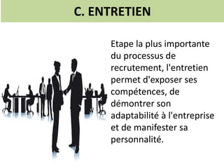 C. ENTRETIEN
Etape la plus importante
du processus de
recrutement, l'entretien
permet d'exposer ses
compétences, de
démontrer son
adaptabilité à l'entreprise
et de manifester sa
personnalité.
 