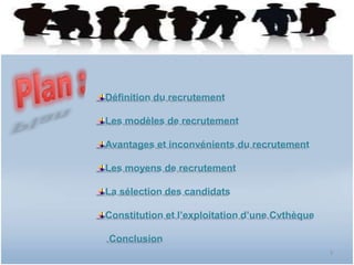 Définition du recrutement 
Les modèles de recrutement 
Avantages et inconvénients du recrutement 
Les moyens de recrutement 
La sélection des candidats 
Constitution et l’exploitation d’une Cvthèque 
Conclusion 
3 
 