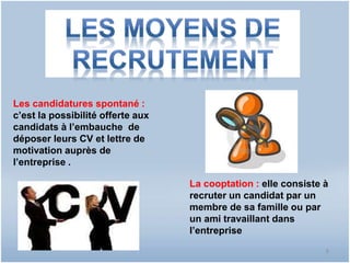 Les candidatures spontané : 
c’est la possibilité offerte aux 
candidats à l’embauche de 
déposer leurs CV et lettre de 
motivation auprès de 
l’entreprise . 
La cooptation : elle consiste à 
recruter un candidat par un 
membre de sa famille ou par 
un ami travaillant dans 
l’entreprise 
8 
 