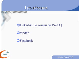 Les réseaux  Linked-in (le réseau de l’APEC) Viadeo Facebook   