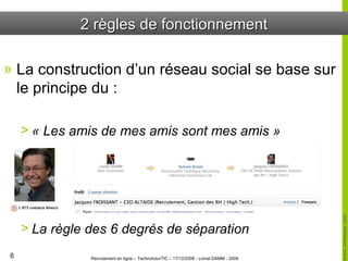2 règles de fonctionnement La construction d’un réseau social se base sur le principe du : « Les amis de mes amis sont mes amis » La règle des 6 degrés de séparation 