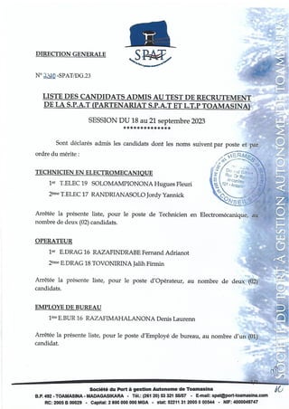 Liste des candidats admis au test de recrutement de la SPAT  (Partenariat entre SPAT et LTP Toamasina)