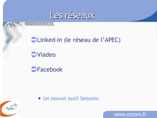 Les réseaux  Linked-in (le réseau de l’APEC) Viadeo Facebook Un nouvel outil Seesmic 