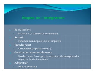 Étapes de l’intégration


1.       Recrutement
     •     Entrevue = Ça commence à ce moment
2.       Accueil
     •     Important comme pour tous les employés
3.       Encadrement
     •     Attribution d’un parrain (coach)
4.       Gestion des accommodements
     •     Gros bon sens, Du cas par cas, Attention à la perception des
           employés, Équité importante
5.       Adaptation
     •     Dans les deux sens
 