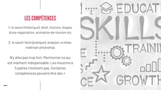 1: le savoir (théorique): droit, histoire, étapes
d'une négociation, animation de réunion etc
2: le savoir faire (pratique): analyser un bilan,
maîtriser photoshop
N'y allez pas trop fort. Mentionner ce qui
est vraiment indispensable. Les moutons à
5 pattes n'existent pas. Certaines
compétences peuvent être des +
LES COMPÉTENCES
 