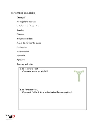  
Personnalité dépendante
Descriptif
§ Besoin excessif d’être pris en charge
§ Comportement soumis
§ « Collant » avec peur de la séparation
Besoins
§ Amour
§ Approbation
Risques au travail
§ Faible autonomie,
§ «Suiveur »
§ Difficulté à exprimer un désaccord
§ Besoin d’être rassuré
Donc en entretien
a)le recruteur l’est.
§ Il ne prendra pas la décision, il a besoin des arguments pour présenter aux
décideurs votre CV ;
Astuces à destination des travailleurs sociaux qui accompagnent ces demandeurs d’emploi
et aussi à l’usage de ceux qui veulent « masquer » ou « atténuer » leurs défauts
 