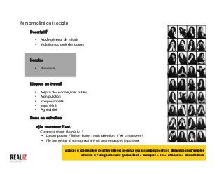  
Personnalité antisociale
Descriptif
§ Mode général de mépris
§ Violation du droit des autres
Besoins
§ Puissance
Risques au travail
§ Mépris des normes/des autres
§ Manipulation
§ Irresponsabilité
§ Impulsivité
§ Agressivité
Donc en entretien
a)le recruteur l’est.
Comment réagir face à lui ?
§ Laisser passer / laisser faire… mais attention, c’est un casseur !
§ Ne pas réagir à son agressivité ou ses remarques impulsives ;
Astuces à destination des travailleurs sociaux qui accompagnent ces demandeurs d’emploi
et aussi à l’usage de ceux qui veulent « masquer » ou « atténuer » leurs défauts
 