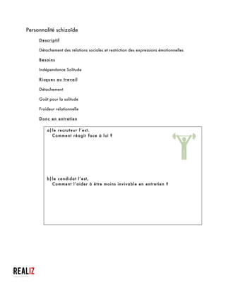  
§ Opter pour une argumentation simples, phrases courtes & exemples
concrets ;
§ Ne pas fixer le recruteur ;
§ Adopter une attitude neutre ;
§ Lui laisser mener l’entretien ;
§ Sauf proposition du recruteur, ne pas poser des questions ;
§ Citer des personnes de références (anciens jobs) ;
§ Ne pas laisser sous-entendre que vous cachez quelque chose ;
b) le candidat l’est,
Comment l’aider à être moins invivable en entretien ?
§ Ne pas le former aux risques du WEB ou se limiter à des outils sans
considération de « profiling » ;
§ Le rassurer avant l’entretien ;
§ Expliquer la procédure de manière détaillée ;
§ Retravailler la liste des défauts et questions sur la famille et l’éducation :
questions-types obligatoires ;
§ Le rassurer sur les questions, c’est normal ;
§ Lisser ses défauts et autres réponses « délicates » ;
§ Réunir un maximum d’informations sur l’entreprise pour « maîtriser » et la
connaître ;
§ Baliser : mettre des repères pour rassurer le candidat lors du processus de
Recrutement ;
§ Jeux de rôles pour préparer le candidat ;
§ Rappeler l’objectif du recruteur : mieux vous connaître pour qu’il puisse
choisir le candidat le meilleur pour son entreprise ;
§ Positiver : tout cela pour un avoir un job ;
§ L’aider à distinguer sa vie personnelle de ces démarches ;
Astuces à destination des travailleurs sociaux qui accompagnent ces demandeurs d’emploi
et aussi à l’usage de ceux qui veulent « masquer » ou « atténuer » leurs défauts
 