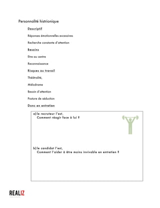  
b)le candidat l’est,
Comment l’aider à être moins invivable en entretien ?
§ Effectuer un bilan de compétences précis pour pointer le bon secteur et le
bon job ;
§ Préparation structurée et approfondie ;
§ Apprendre les réponses aux questions par cœur ;
§ C’est l’encadrant qui rédige le CV, lettres de motivation et qui prend les
rdv ;
§ Accent sur le non verbal : il doit maîtriser son corps / ses émotions / son
isolement
§ Le former au sourire
§ Le rassurer par rapport au cadre du job (et bien cibler l’entreprise et le
poste choisi)
§ S’assurer d’une bonne appréhension du job, les tâches qu’il devra
accomplir ;
§ Répéter et répéter ;
§ Le persuader d’abord de sa capacité à réaliser les tâches de son futur job ;
§ Découper les procédures liées à la recherche d’emploi ;
§ Estimer sa capacité à se présenter seule : parfois il faut l’accompagner ;
§ Repérer les aides à l’emploi dont il bénéficie ;
	
  
Astuces à destination des travailleurs sociaux qui accompagnent ces demandeurs d’emploi
et aussi à l’usage de ceux qui veulent « masquer » ou « atténuer » leurs défauts
 