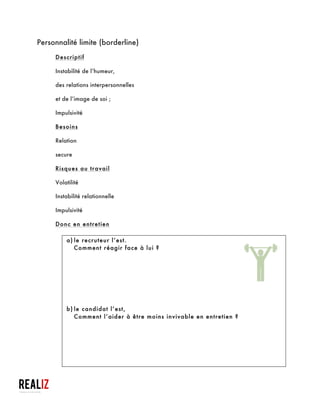  
§ Surtout « pas de vague », rassurer le recruteur vous n’allez rien
révolutionne ;
§ Ne pas être intrusif en entretien ;
§ Présenter un CV neutre sans originalité ;
§ Googeliser le recruteur pour pouvoir souligner ou valoriser ses réalisations ;
b)le candidat l’est,
§ Avant toute chose, positiver les qualités de la personne ;
§ Préparer des réponses types : e.a. atténuer son côté « Hermite » ;
§ Le former à valoriser ses compétences ;
§ Le doter de méthodes de relaxation pour qu’il puisse se présenter « zen » à
l ‘entretien ;
§ L’accompagner aux portes de l’entretien et le former aux contacts sociaux
de base : serrer la main, regarder dans les yeux, écouter de face…
§ Le rassurer sur ses concurrents : « tu es aussi bon qu’eux » ;
§ Le rassurer sur sa future équipe : « tu es à la hauteur » ;
§ Lui apprendre à prendre les choses positivement et donc à répondre
positivement au recruteur ;
§ Ne pas parler en négation mais en positif ;
§ Valoriser les points positifs de son CV pour lui donner confiance en ce
document ;
§ Etre en entretien, c’est déjà avoir gagné : « tu as atteint une étape grâce à
tes compétences, ton CV » ;
	
  
Astuces à destination des travailleurs sociaux qui accompagnent ces demandeurs d’emploi
et aussi à l’usage de ceux qui veulent « masquer » ou « atténuer » leurs défauts
 