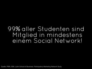 99% aller Studenten sind
         Mitglied in mindestens
         einem Social Network!


Quelle: PMN, IDM, Lubin School of Business: Participatory Marketing Network Study
 