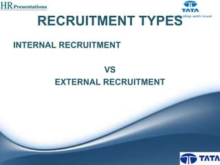 RECRUITMENT TYPES
INTERNAL RECRUITMENT
VS
EXTERNAL RECRUITMENT

 