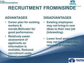RECRUITMENT FROMINSINDE
ADVANTAGES

DISADVANTAGES

• Career plan for existing
workers &
morale,Motivator for
good performance.
• Relatively easier
assessment of
applicants as
information is
available, Reduced
recruitment costs
(travel expenses)

• Existing employees
may not bring-in new
ideas to their new job
(inbreeding).
• Lower level employees
may not have capacities
required at higher jobs.

 