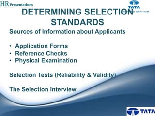 DETERMINING SELECTION
STANDARDS
Sources of Information about Applicants
• Application Forms
• Reference Checks
• Physical Examination
Selection Tests (Reliability & Validity)
The Selection Interview

 