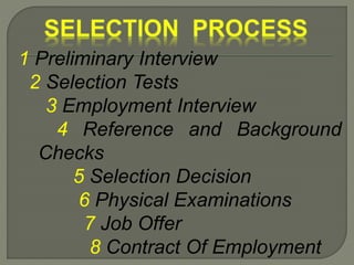 1 Preliminary Interview
2 Selection Tests
3 Employment Interview
4 Reference and Background
Checks
5 Selection Decision
6 Physical Examinations
7 Job Offer
8 Contract Of Employment
 
