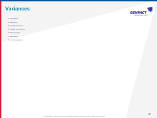 18
Confidential. All trademarks appearing herein belong to their respective owners.
Variances
 Timing Difference
 Mapping errors
 Adjustment journals in GL
 Postings to incorrect accounts
 Miss out of a journal
 Incorrect journal
 Incorrect amount posted
 